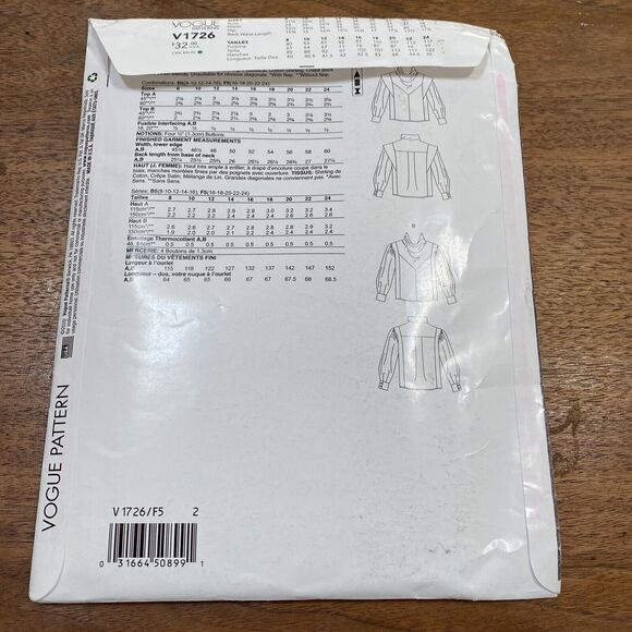 Vogue Sewing Pattern V1726 Misses Blouse Top Cowl Neck Long Sleeves Size 16-24 - Picture 5 of 6